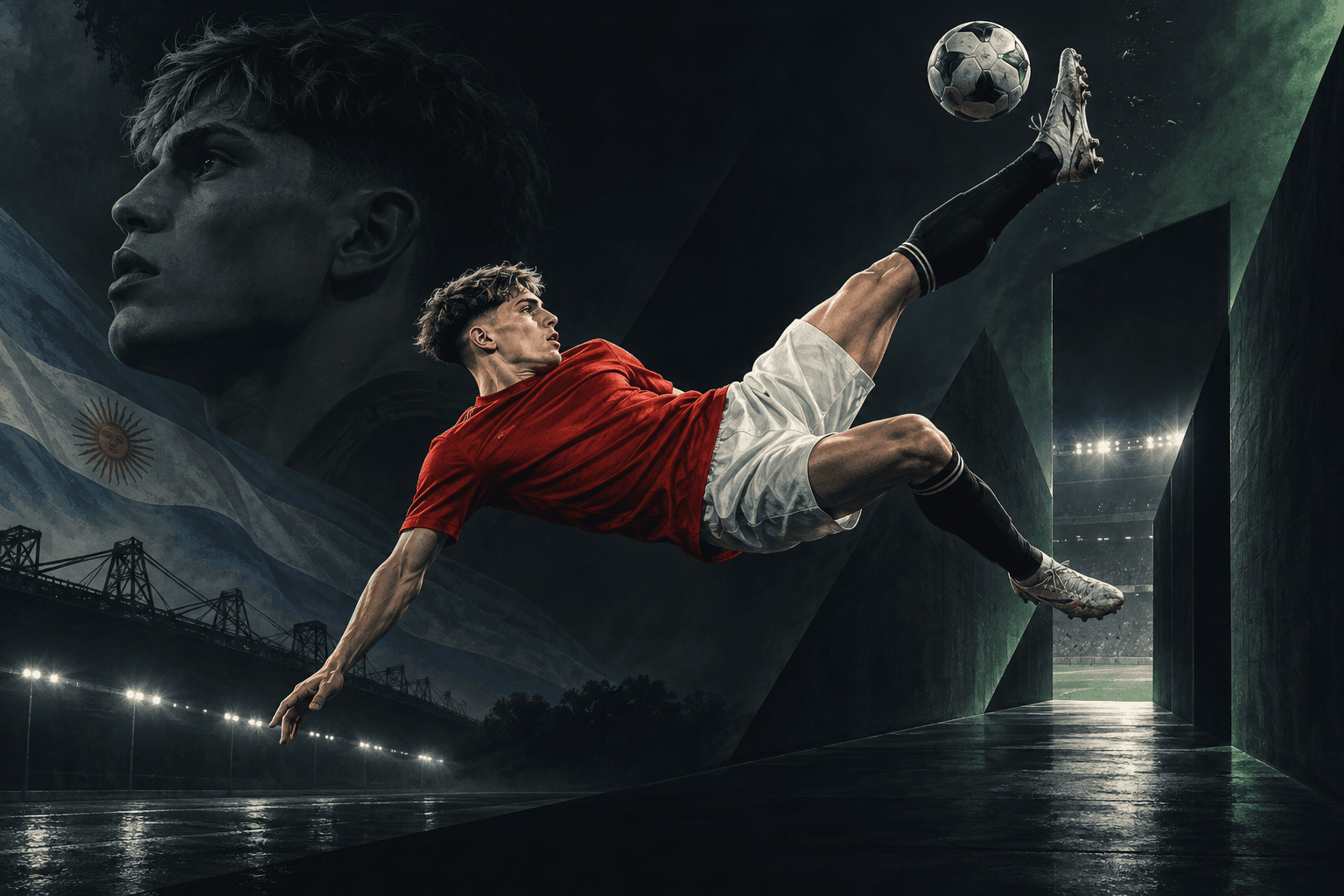 Original editorial illustration of Alejandro Garnacho attempting an overhead kick in an unbranded shirt.