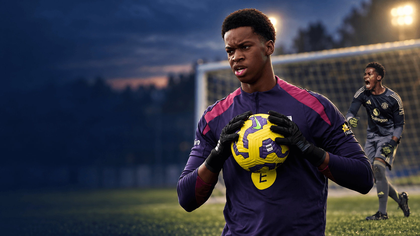 Editorial artwork based on supplied photographs of Darlington Osuchukwu as a young goalkeeper.